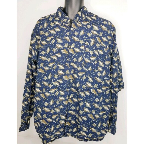 VTG COLUMBIA SPORTSWEAR CO Mens XL Fishing Reels Allover Print Button Down Shirt - Picture 1 of 4
